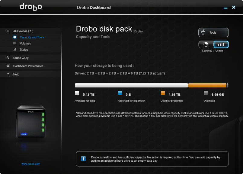 Drobo Capacity and Tools Menu