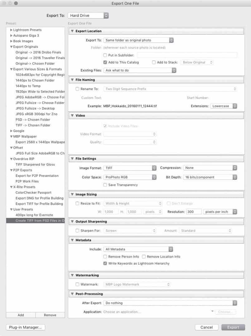 Lightroom Save as TIFF Export Preset