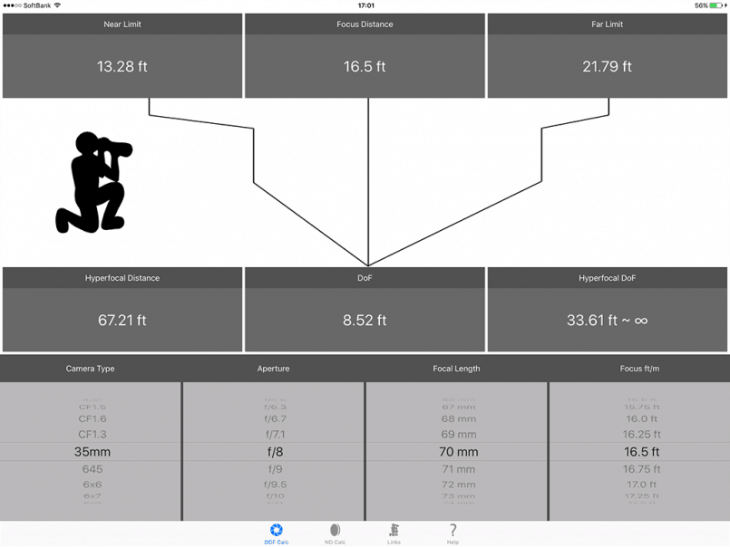 DoF Calc iPad Landscape