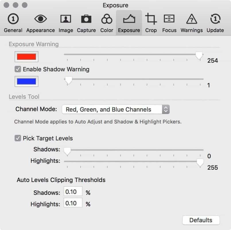 Capture One Pro Exposure Preferences