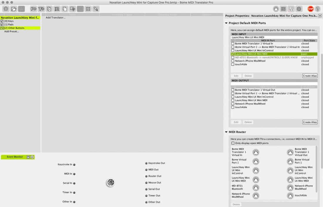 Bome MIDI Translator Pro New Project