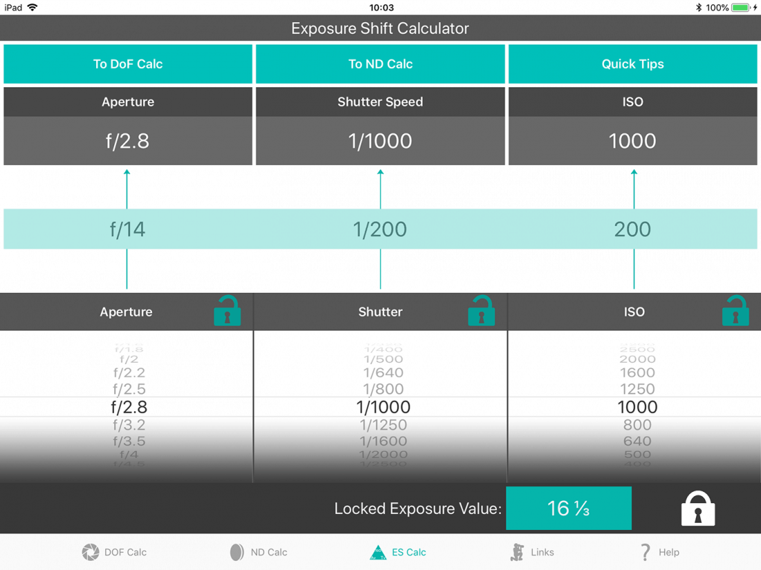 Calculated Exposure Value Locked Shift