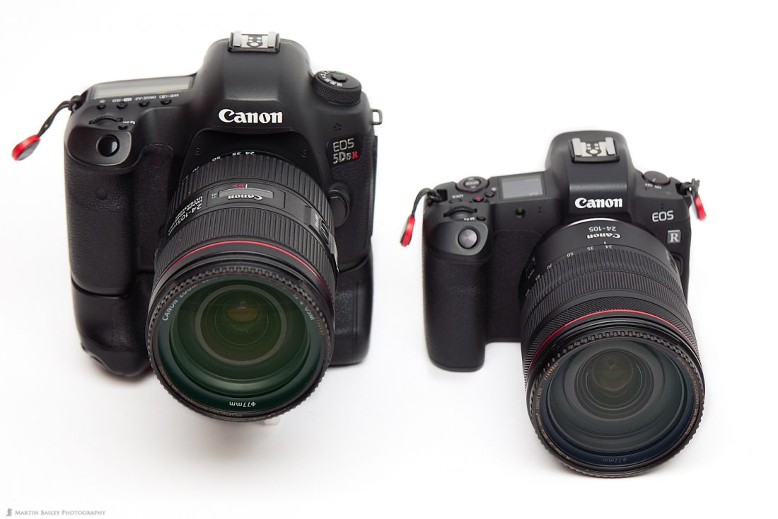 Canon EOS 5Ds R with Battery Grip (left) and EOS R (right)