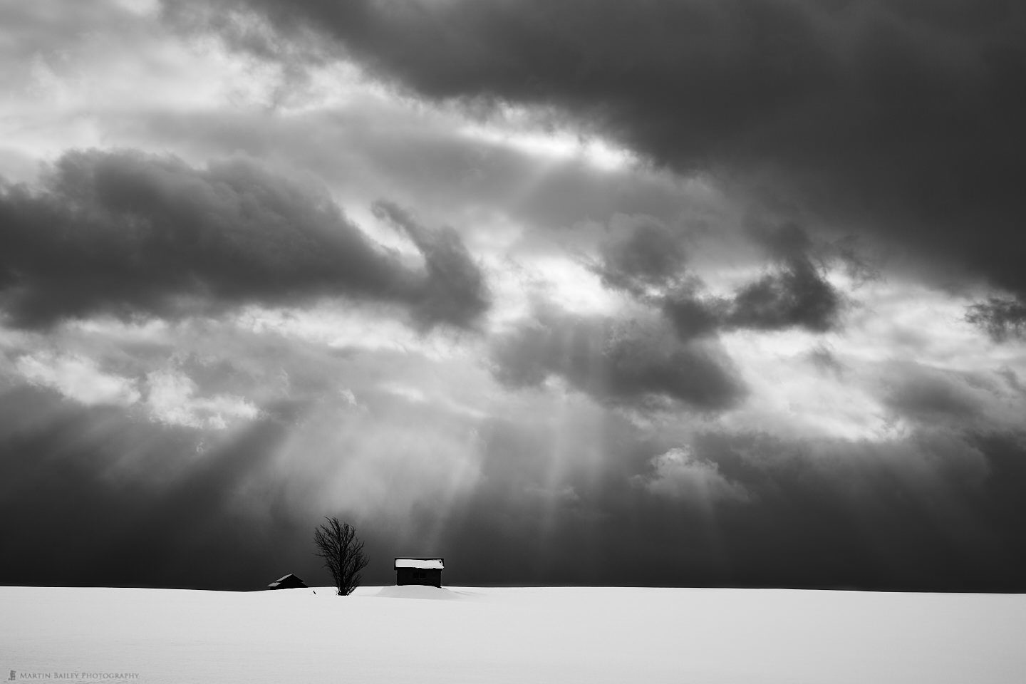 Huts and Tree in Crepuscular Rays