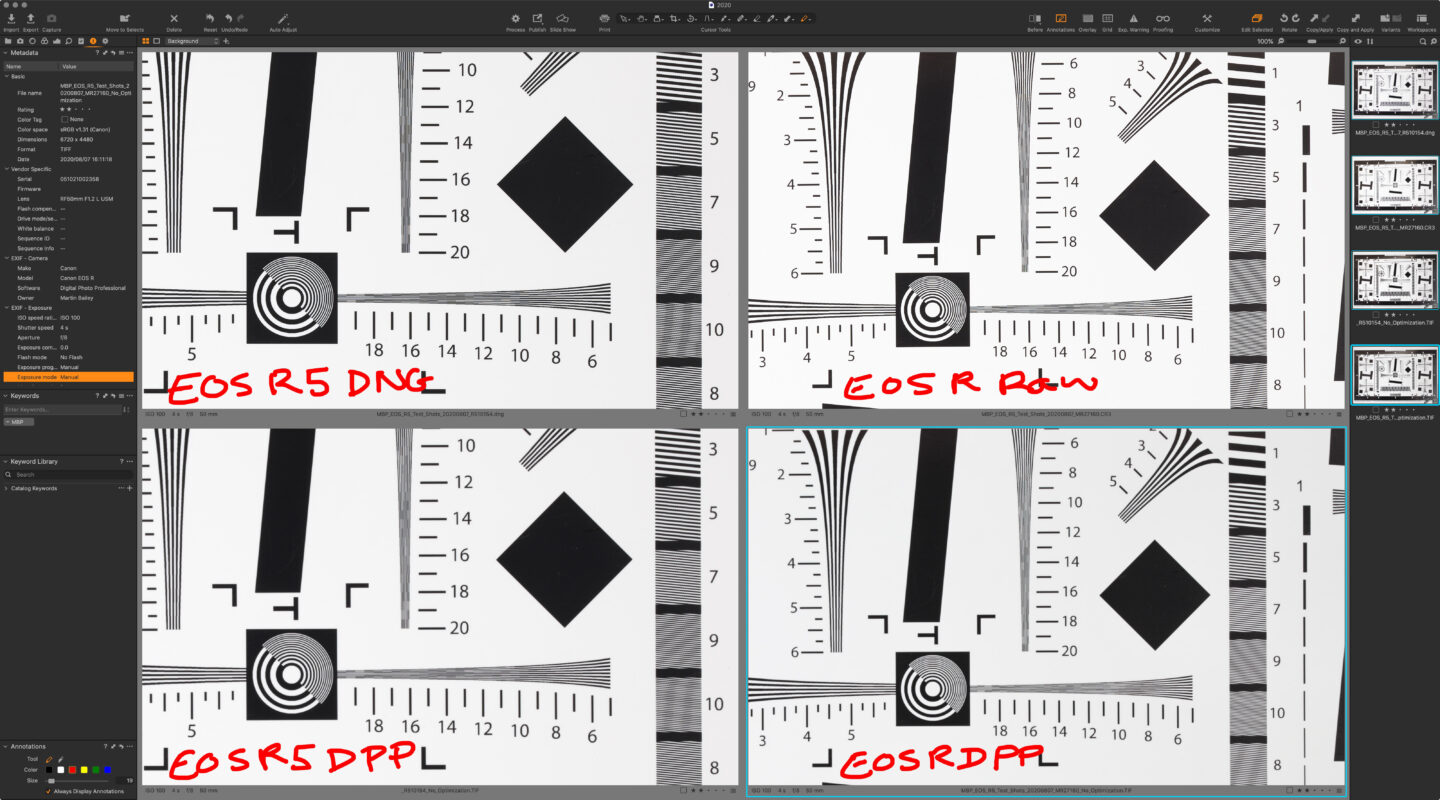 EOS R and EOS R5 Resolution Comparison (RF 50mm Lens @ ƒ8, ISO 100, 4 second exposure)